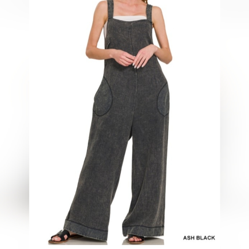 ZENANA Large-Women's Ash Black Denim Overalls